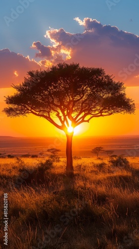 The photo shows an African sunset. A large tree is silhouetted against the setting sun. The sky is a gradient of orange and yellow, and the ground is covered in tall grass.
