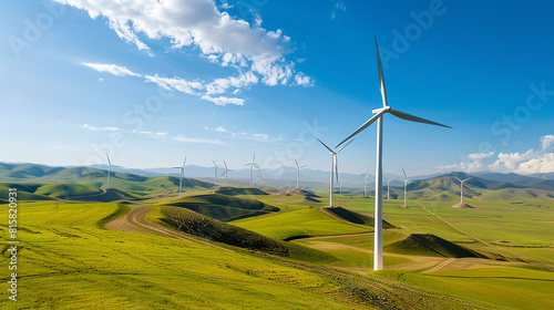 A majestic wind farm set against a backdrop of rolling hills, with rows of towering turbines harnessing the power of the wind to generate clean, renewable energy.