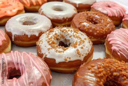 An assortment of pink-frosted donuts, some with colorful sprinkles and others with a light dusting of sugar, arranged on a decorative surface. Ideal for National Donut Day celebrations photo