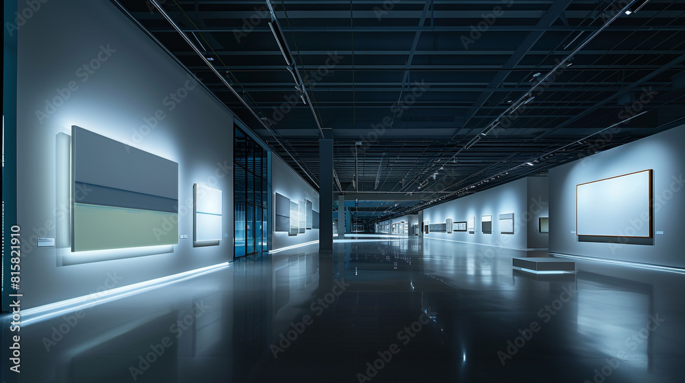 Empty gallery with polished white walls and ambient evening lighting designed for art displays. Empty gallery with polished white walls and ambient evening lighting designed for art displays.
