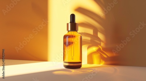 Mockup of a bottle with a dropper, displayed against a radiant backdrop, showcasing its vitaminenriched formula for beautiful skin photo