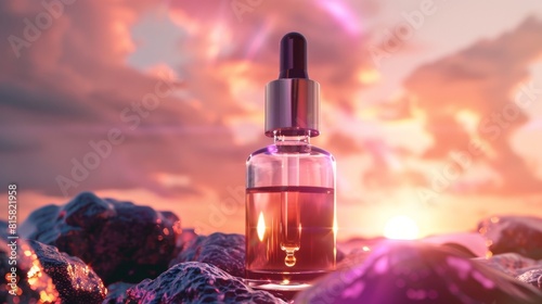 Mockup of a bottle with a dropper, displayed against a radiant backdrop, showcasing its vitaminenriched formula for beautiful skin photo