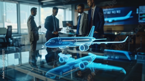 A holographic airplane on a glass desk in a modern office creates a sleek and futuristic display, Generated by AI