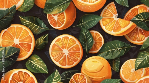 Background of fresh tangerines or oranges with green leaves. Juicy fruits.