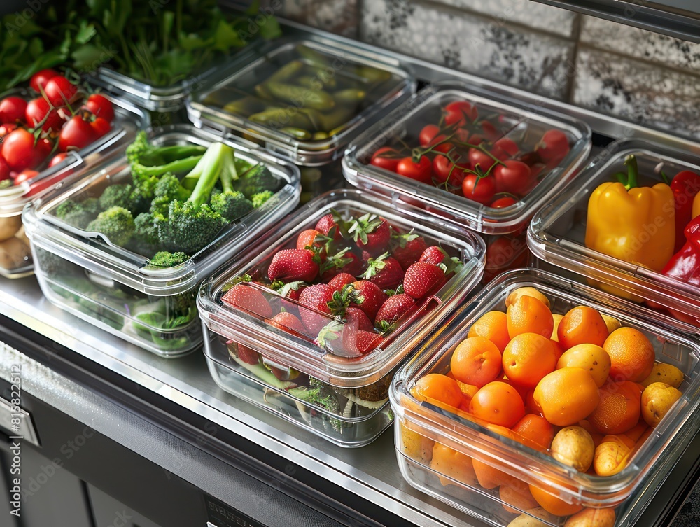 fresh food, fruits and veggies on rectangular kitchen box