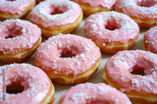 Delicious pink-frosted donuts with colorful sprinkles arranged on a wooden board. These tasty treats are perfect for National Donut Day celebrations, offering a sweet indulgence for donut lovers photo