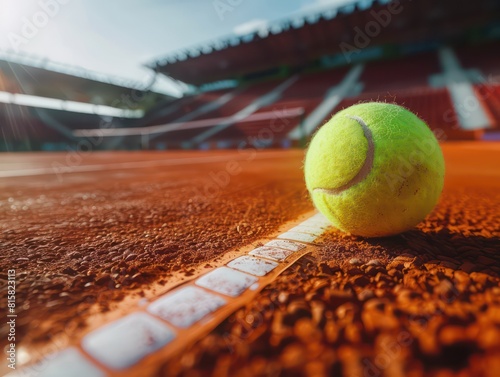 green tennis ball, orange court, low angle, stadium blurred in background