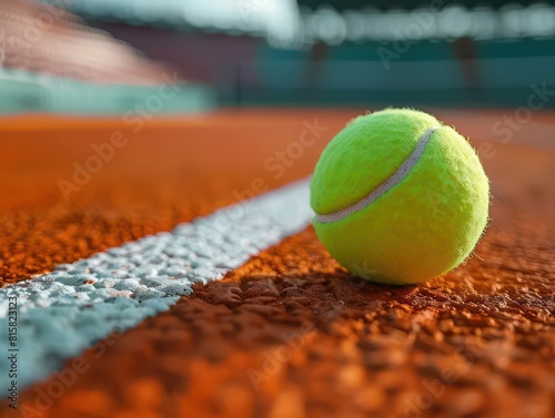 green tennis ball, orange court, low angle, stadium blurred in background