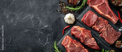 A variety of raw steaks on a black stone cutting board with spices and herbs. photo