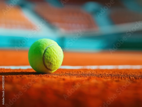 green tennis ball, orange court, low angle, stadium blurred in background © XTSTUDIO