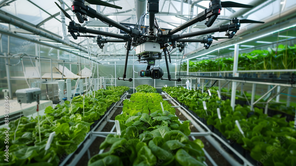 A panoramic view of a high-tech agricultural facility, where automated drones and robotic arms work in harmony to cultivate crops with unparalleled efficiency.