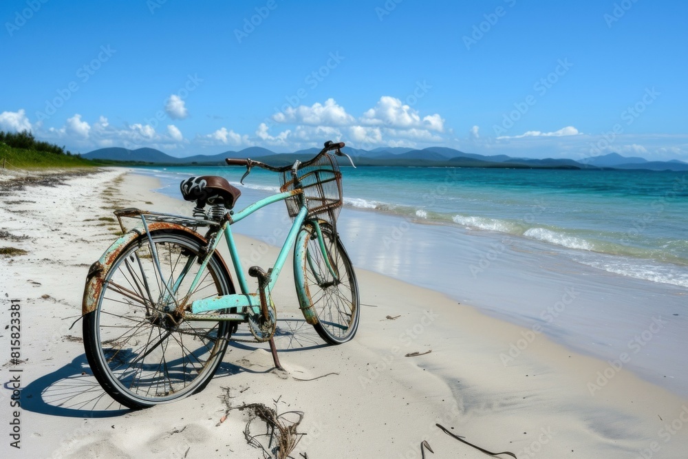 Fototapeta premium Sandy Bicycle sand beach sea. Coast travel summer. Generate Ai