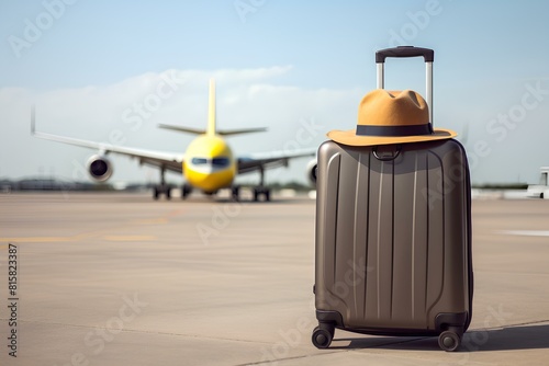 Tourist luggage on the runway. A suitcase on wheels and a hat, against the background of an airplane. Concept: travel and excursions, vacation, air travel