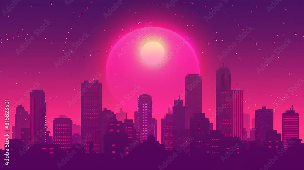 The pink sunset sky is framed by a cartoon cityscape with sun light rays. The skyline background has a skyscraper street panorama. The building exterior is framed by the business construction