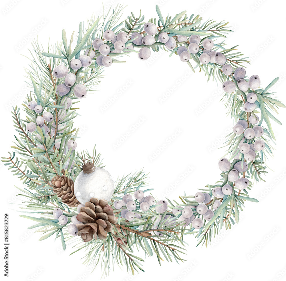 Watercolor Christmas wreath with Christmas bauble, White berries, Pine needles, pine cone. Hand painted holiday card isolated on white background. Winter holiday symbols. Watercolor Christmas wreath with Christmas bauble, White berries, Pine needles, pine cone. Hand painted holiday card isolated on white background. Winter holiday symbols.