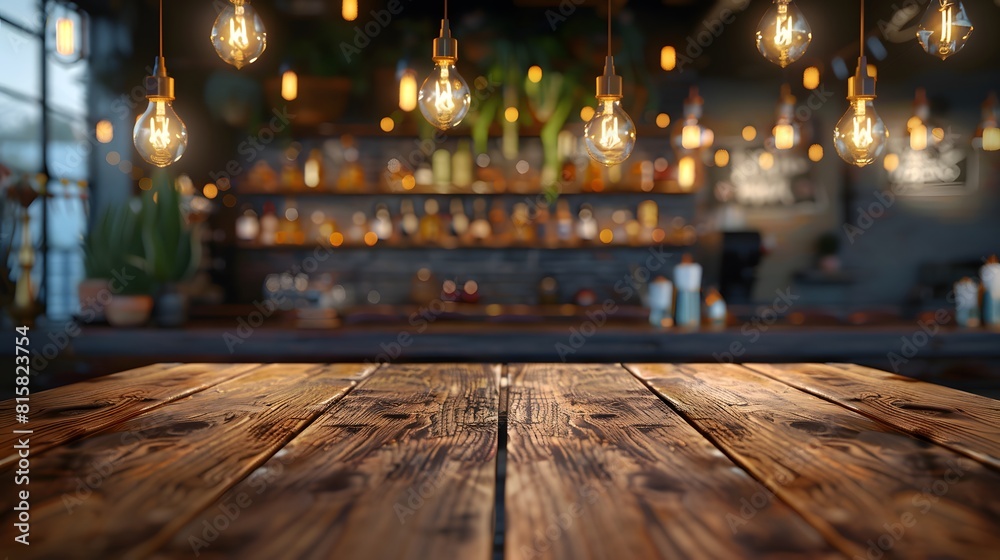 Blurred empty bar interior with wooden tables and hanging light bulbs, background for product presentation on screen or print design mockup.
