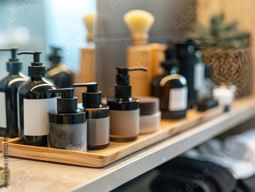Close-up shots of skincare products lined up neatly on a bathroom shelf or vanity, emphasizing their importance in the modern man's routine.