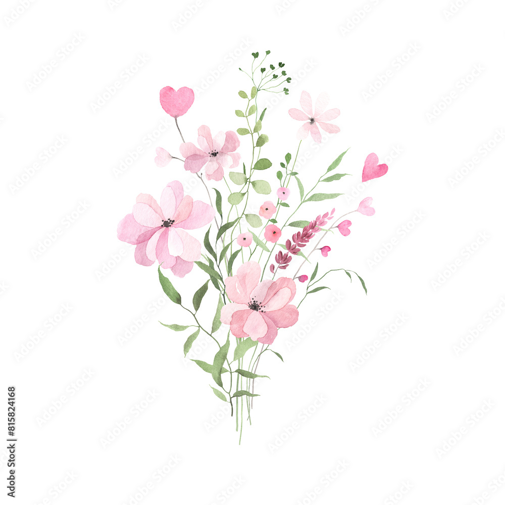 Watercolor bouquet with abstract pink flowers, hearts and green leaves. Floral delicate decor with design elements for invitation or greeting cards, bouquet for Valentine's day, isolated illustration.