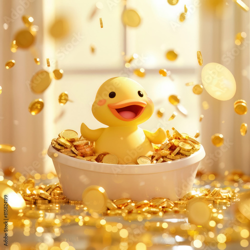 Happy yellow rubberduck with gold coins