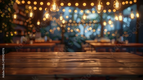 Blurred empty bar interior with wooden tables and hanging light bulbs  background for product presentation on screen or print design mockup. 