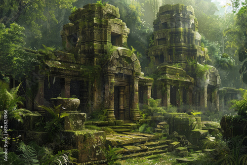 Majestic ancient ruins rising from the heart of a verdant jungle  with moss-covered stones  intricate carvings  and towering temple spires.