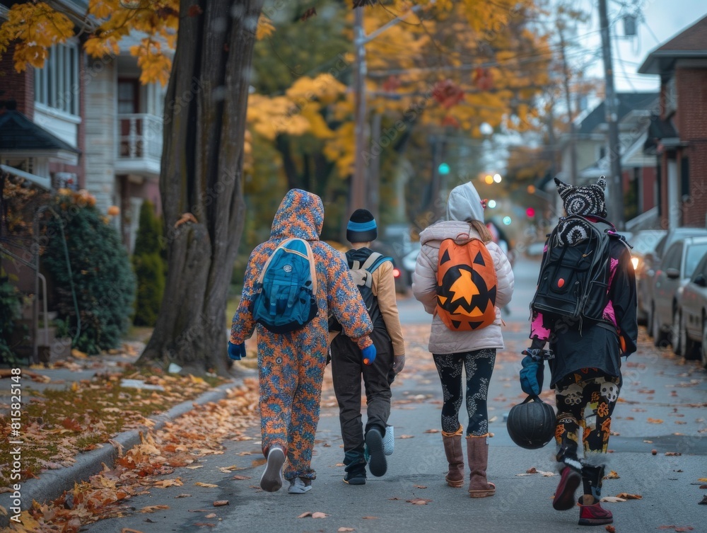Obraz premium A group of friends walking in an urban neighbourhood, dressed up for Halloween.