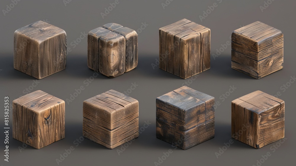 Block of wood for alphabet kid's toy. 3D modern illustration of brown rectangular beam element with wood texture. Mockup of timber square pieces angled differently. Block of wood for alphabet kid's toy. 3D modern illustration of brown rectangular beam element with wood texture. Mockup of timber square pieces angled differently.
