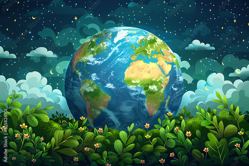 A vibrant blue and green eco Earth globe symbolizes environmental world protection and ecological conservation, promoting the message 