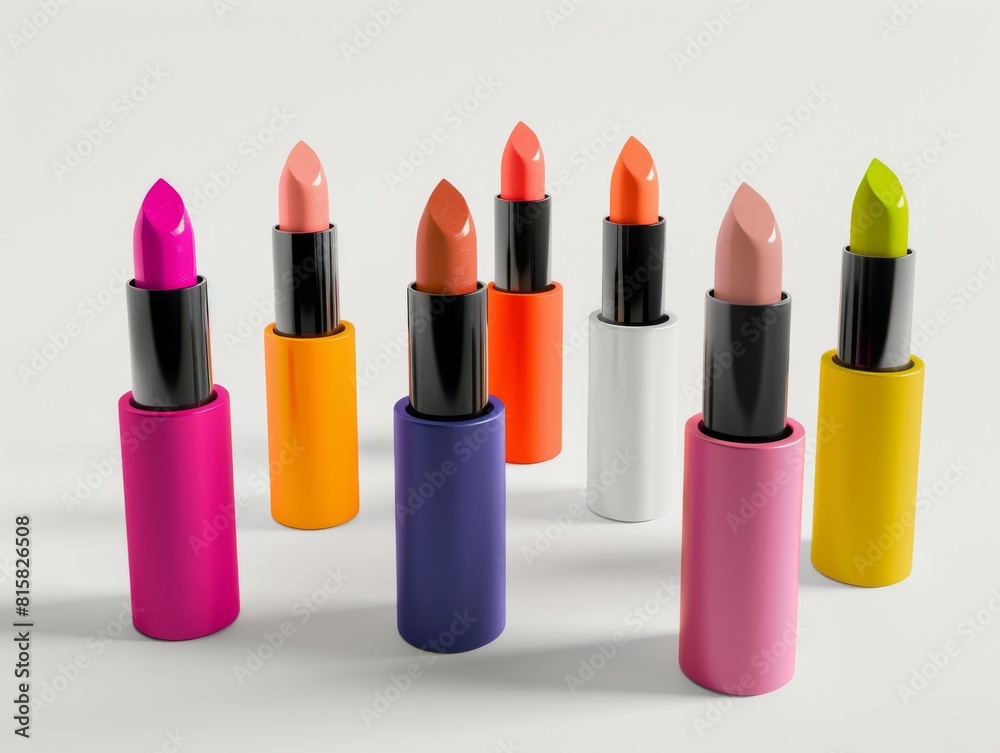 Energetic cylindrical lipstick tube mockup, arrayed with multiple color choices, emphasizing bold and confident lip color Energetic cylindrical lipstick tube mockup, arrayed with multiple color choices, emphasizing bold and confident lip color