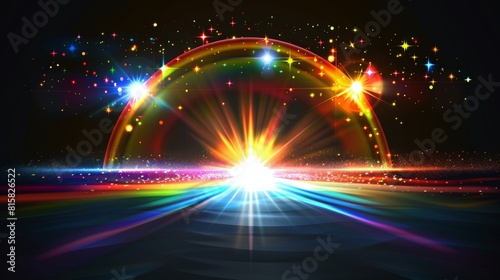 Crystal or prism rainbow hologram light by refraction and reflection. Abstract glass sun reflection with sparks. Iridescent flare background with transparent overlay effect.