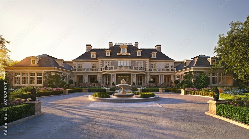 The front of a grand, traditional mansion with an elegant circular driveway, manicured gardens, and a classic fountain centerpiece, set against the backdrop of a clear, sunny sky. 