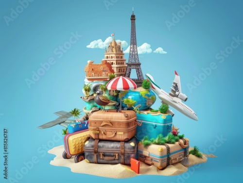 An image of various travel equipment and destinations  Tourist layout-set and accessories of the Traveler  Open borders concept for free happy travel.