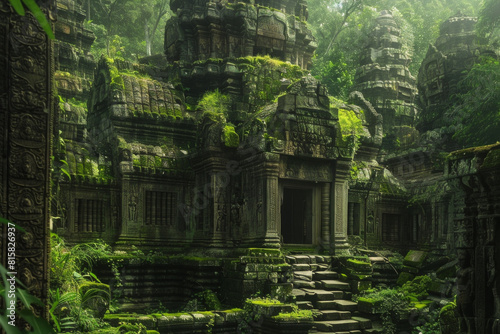 Majestic ancient ruins rising from the heart of a verdant jungle  with moss-covered stones  intricate carvings  and towering temple spires.
