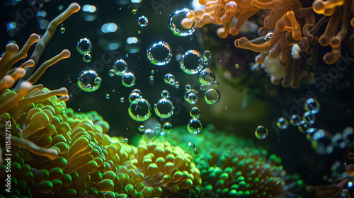 Shimmering oil bubbles amidst emerald coral. -