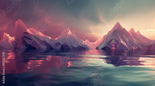 A surreal dreamscape of geometric islands floating on a sea of liquid light, their angular contours reflected in the shimmering waves below.