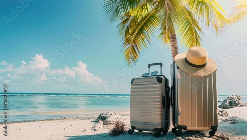 Vintage suitcase, hat and sunglasses on wooden table with sea background. Concept of travel and vacation © Muhammad_Waqar