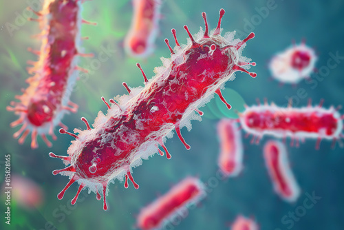 Detailed 3D illustration of bacteria with cilia in a microscopic environment