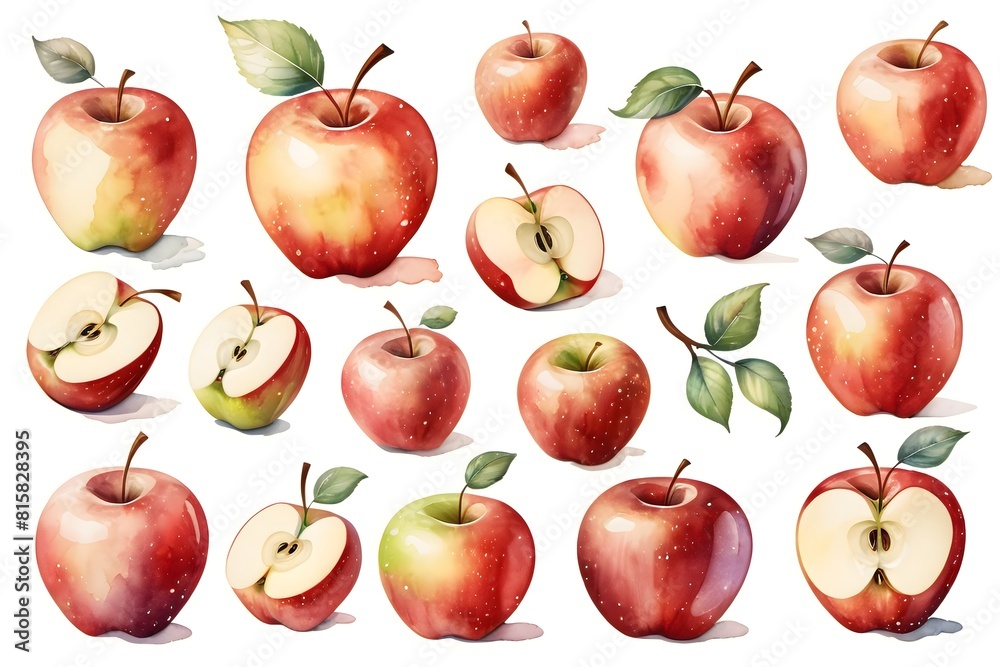 Set of fresh apples fruits with leaves, botanical watercolor illustration isolated on a white background Set of fresh apples fruits with leaves, botanical watercolor illustration isolated on a white background