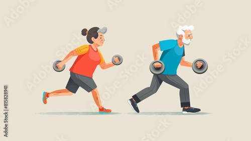 The elderly do sports. Cartoon modern illustration set of an elderly woman jogging outside and an elderly man lifting weights at home. An active and healthy lifestyle and taking care of grandparents.