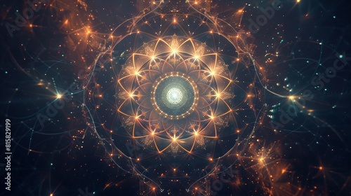 A symmetrical arrangement of geometric forms radiating outwards from a central point, converging and diverging in a cosmic dance of order and chaos. photo