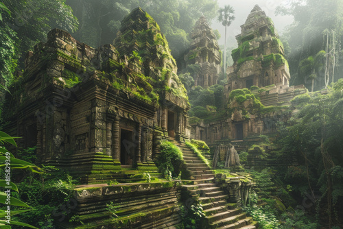 Majestic ancient ruins rising from the heart of a verdant jungle, with moss-covered stones, intricate carvings, and towering temple spires. photo