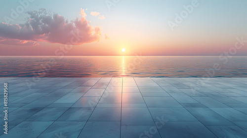Minimalist Sunset View over Ocean from Tiled Terrace  Generative AI