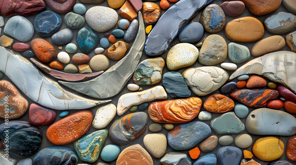 Colorful pebbles arranged in an artistic pattern, showcasing the beauty of colorful rocks and stones in the style of nature.
