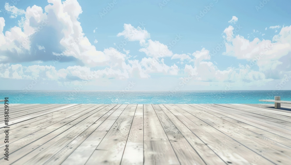 Empty wooden table with white sand calm sea bay blue sky, Beautiful summer nature vacation island in the background with copy space.