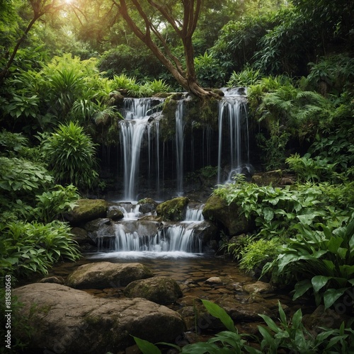 A tranquil garden with a trickling waterfall and lush foliage. 