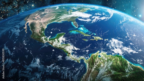 This captivating 3D illustration showcases Planet Earth from the vantage point of space revealing a stunning view of the Americas with enhanced topographic features Elements contributing to photo