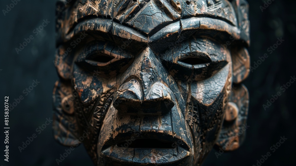 Close-up of a Weathered Wooden Carving of a Face Close-up of a Weathered Wooden Carving of a Face