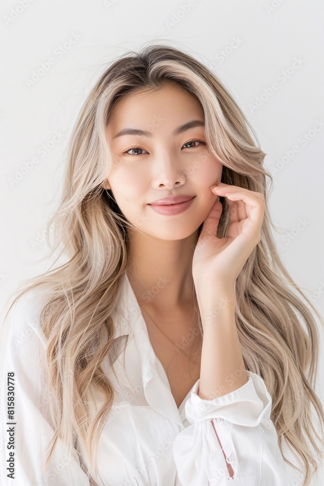 An Asian woman with long blonde hair, dressed in a white outfit, touching her face and smiling brightly against a white background, radiating confidence and warmth in a minimalist portrait An Asian woman with long blonde hair, dressed in a white outfit, touching her face and smiling brightly against a white background, radiating confidence and warmth in a minimalist portrait