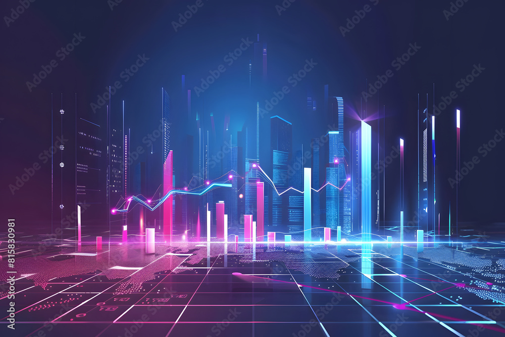 Futuristic cityscape with financial graphs