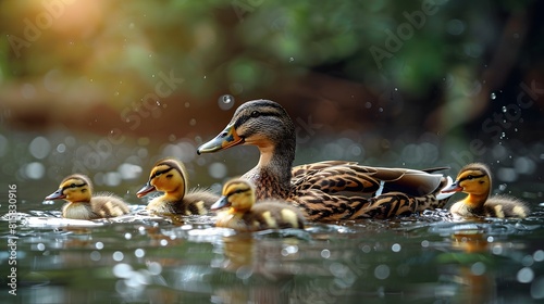Duck mother and ducklings swimming on the lake, in high resolution photography, in a high quality photo, in high definition. 